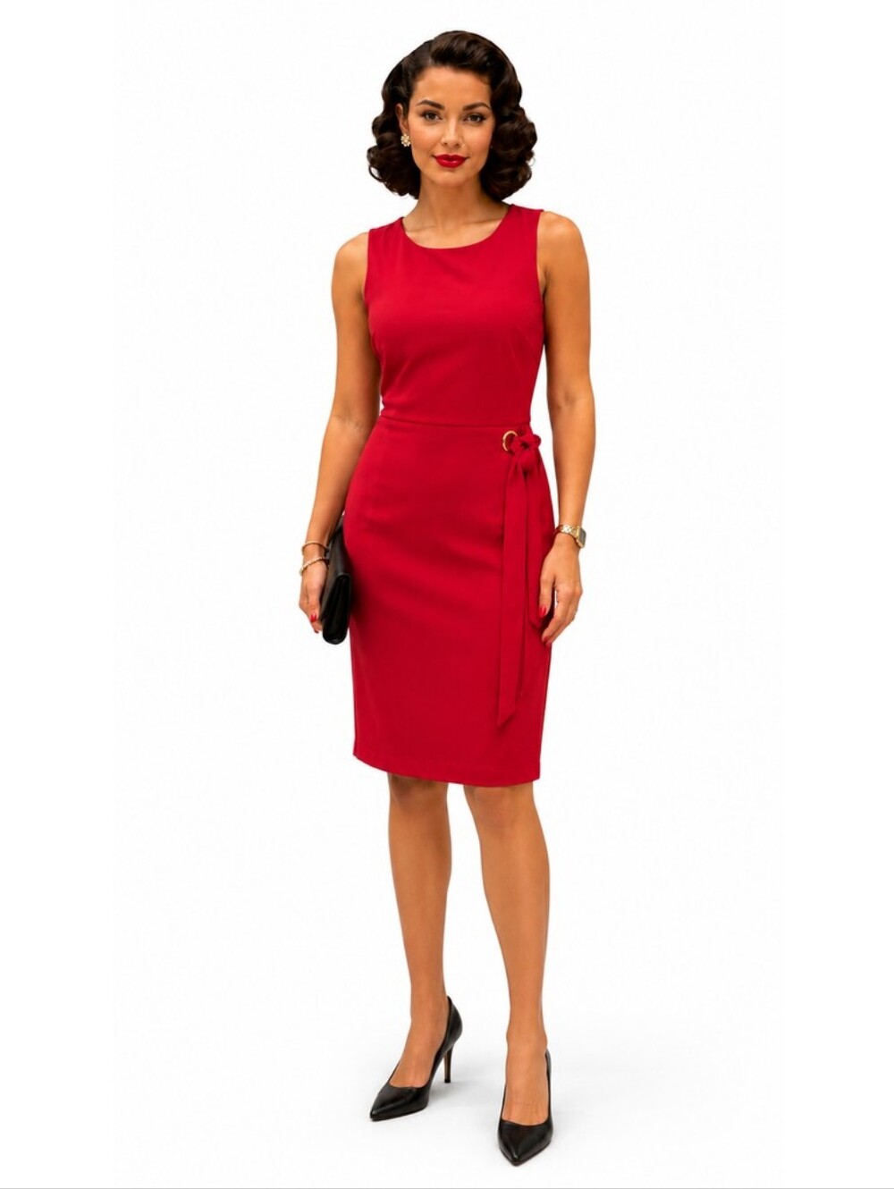 Tahari ASL Scarlet Red Sheath Dress Size 10 Gold Ring Side Tie NWT